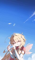  1girl absurdres ahoge blonde_hair blue_sky blush cape clear_sky clouds commentary crown detached_sleeves erpin_(trickcal) hair_intakes hair_ornament hands_up heart heart_ahoge heart_hands highres long_hair long_sleeves looking_at_viewer open_mouth pink_wings red_cape red_eyes shirt simple_bird sky solo star-shaped_pupils star_(symbol) symbol-shaped_pupils trickcal user_chhu3852 white_shirt wings 
