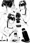  1girl absurdres apron bow breasts coffee coffee_maker_(object) collarbone cup hair_bow hair_intakes highres large_breasts long_hair looking_down lynus milk monochrome naoko-san original ponytail pouring profile solo 