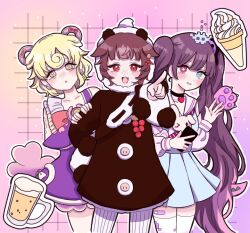  +_- animal_hood aqua_skirt black_hair blonde_hair blue_eyes blunt_bangs blush bow clover clover_earrings commentary_request earrings fur_sleeves hair_ornament hood jewelry long_hair looking_at_viewer magical_girl mahou_shoujo_ikusei_keikaku mahou_shoujo_ikusei_keikaku_aces multiple_girls nakano_sorami obb_osk open_mouth pantyhose premium_sachiko red_eyes sailor_collar school_uniform shirt short_hair skirt smile striped_clothes striped_pantyhose tail thigh-highs twintails ururu_(mahoiku) vertical-striped_clothes vertical-striped_pantyhose white_thighhighs yume_kawaii 