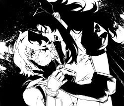  2girls bare_shoulders bracelet character_request elbow_gloves eye_mask gloves greyscale heart-shift_bracelets highres jewelry jiguang_haibao leotard long_hair mask medium_hair monochrome multiple_girls open_mouth parted_lips shy_(character) shy_(series) sweatdrop teeth upper_teeth_only 