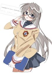  1girl :d absurdres adjusting_eyewear blazer blue_eyes blue_shirt blue_skirt blush book clannad grey_hair hand_on_eyewear hand_up highres hikarizaka_private_high_school_uniform holding holding_book jacket leaning_forward logo_print long_hair looking_at_viewer nngw_000 odaibako open_mouth rectangular_eyewear request_inset sailor_collar sakagami_tomoyo school_uniform serafuku shield_print shirt skirt smile solo turtleneck turtleneck_shirt white_sailor_collar yellow_jacket 