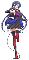  1girl :d absurdres armpit_crease black_bridal_gauntlets black_dress black_gloves blue_eyes blue_hair blue_jacket blush bob_cut breasts bridal_gauntlets choker colored_inner_hair commentary_request diamond_(shape) diamond_earrings dress earrings elbow_gloves gloves highres holding holding_microphone hood hood_down hooded_jacket jacket jewelry kamitsubaki_studio kino_(kin0_oz) light_smile long_hair looking_at_viewer microphone multicolored_eyes multicolored_hair multicolored_jacket open_clothes open_jacket pendant_choker red_hair red_shoes red_thighhighs rim_(kamitsubaki_studio) shoes short_hair_with_long_locks sleeveless sleeveless_jacket small_breasts smile standing standing_on_one_leg strap thigh-highs very_long_hair yellow_pupils 