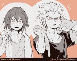  2boys arm_up arms_up bakugou_katsuki boku_no_hero_academia clenched_teeth collarbone commentary_request crew_neck double-parted_bangs greyscale_with_colored_background hair_between_eyes highres holding holding_towel ikapnmn2 kirishima_eijiro male_focus multiple_boys open_mouth orange_background parted_lips protected_link sharp_teeth shirt short_hair short_sleeves spiky_hair spot_color t-shirt teeth towel towel_around_neck uneven_eyes upper_body upper_teeth_only wet wet_hair wide-eyed 