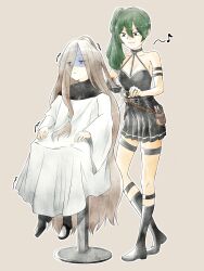  absurdly_long_hair absurdres arm_strap barber_cape barber_chair belt black_belt black_choker black_dress brown_hair caobu choker commentary_request cutting_another's_hair cutting_hair dress frieren gloves green_hair hair_focus hairdressing hand_in_another's_hair highres holding holding_another's_hair holding_scissors long_hair o-ring o-ring_choker pleated_dress scissors sense_(sousou_no_frieren) side_ponytail single_glove sousou_no_frieren thigh_strap ubel_(sousou_no_frieren) very_long_hair 
