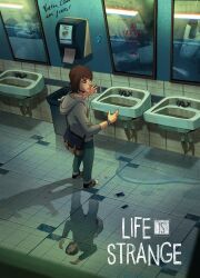  1girl absurdres brown_hair copyright_logo copyright_name denim english_text full_body gabbiepicasso graffiti grey_hoodie highres hood hoodie indoors jeans life_is_strange_(series) life_is_strange_1 logo max_caulfield mirror pants public_restroom reflective_floor shadow sink solo tile_floor tiles 