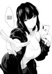  1girl absurdres breasts english_text foreshortening hair_intakes highres large_breasts long_hair looking_at_viewer lynus monochrome naoko-san off_shoulder original pointing pointing_at_viewer 