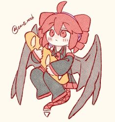 1girl artist_name baguette bare_shoulders belt_tail black_boots black_shirt black_skirt blush boots bread buttons chimera closed_mouth collared_shirt demon_wings detached_sleeves drill_hair food full_body hato_no_mune_wo_momitai headset holding holding_food kasane_teto kasane_teto_(utau) pleated_skirt red_eyes red_hair red_trim shirt simple_background skirt sleeveless sleeveless_shirt solo thigh_boots twin_drills twitter_username utau white_background wing_collar wings 