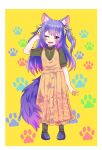  .live alternate_costume animal_ears blush casual commentary_request fang full_body hair_ornament highres long_hair one_eye_closed open_mouth rurun_rururica simple_background soiru standing tail virtual_youtuber wolf_ears wolf_tail yellow_background 