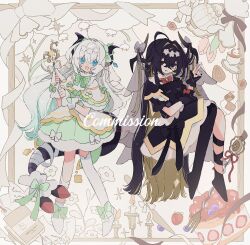  2girls ahoge alternate_costume aqua_hair asymmetrical_legwear black_bow black_dress black_eyes black_hair black_horns black_nails black_thighhighs blonde_hair blue_eyes blueberry border bow bowtie breasts brooch brown_background cake candle capelet colored_inner_hair commentary_request commission crossed_bangs cup curled_horns demon_girl demon_horns detached_horns dress flower food footwear_bow fork frilled_capelet frilled_skirt frills fruit full_body gradient_hair green_bow green_bowtie green_skirt hair_between_eyes hair_flower hair_ornament half-closed_eyes highres holding holding_stuffed_toy holding_wand horn_bow horn_ornament horn_ribbon horns huge_ahoge hugging_object inset_border invisible_chair iris_(ayanue) jewelry layered_skirt leg_ribbon long_hair looking_at_viewer mismatched_legwear mismatched_thighhighs multicolored_hair multiple_girls myoco nail_polish open_mouth original plaid_bow plaid_bowtie plaid_clothes pointing pointing_up pointy_ears red_bow red_bowtie ribbon saucer shoes sidelocks simple_background sitting skeb_commission skirt small_breasts smile sparkle standing strawberry striped_tail stuffed_toy tail teacup thigh-highs two-tone_hair veil very_long_hair wand watermark white_bow white_capelet white_flower white_hair white_shoes white_thighhighs wrist_cuffs 