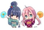  2girls ahoge bag blue_eyes blue_hair blush_stickers chibi fish goldfish hair_bun hand_fan japanese_clothes kimono long_hair mint_(mintlemonade3) multiple_girls obi paper_fan pink_hair plastic_bag sash shima_rin triangle_mouth twintails uchiwa violet_eyes white_background yukata yurucamp 