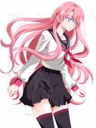  1girl artist_name black_skirt blue_eyes commentary_request kyoto_xanadu legs long_hair luana_(kyoto_xanadu) pink_hair sailor_collar sailor_shirt shirt simple_background skirt smile solo thigh-highs xiacheng_tatsuya 