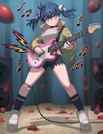  1girl ahoge bandages bandaid bandaid_on_face bandaid_on_knee bandaid_on_leg bangs blue_hair bright_pupils electric_guitar guitar hair_between_eyes hair_ornament highres instrument jacket ji-yoon_(jourd4n) jourd4n letterman_jacket lightning_bolt_symbol music musical_note original playing_instrument red_eyes sarashi short_shorts shorts skull_hair_ornament stage stage_curtains tomato torn_clothes twintails white_pupils 