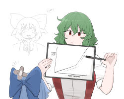  2girls :/ :d bandaid bandaid_on_head blank_stare blue_bow blue_hair blush_stickers bow cirno commentary drooling english_commentary english_text graph green_hair hair_between_eyes hair_bow hands_up highres holding holding_marker holding_whiteboard kazami_yuuka looking_at_another marker mata_(matasoup) multiple_girls multiple_views neck_ribbon no_nose no_pupils open_clothes open_mouth open_vest plaid_clothes plaid_vest profanity red_eyes red_vest ribbon shirt short_hair short_sleeves simple_background smile split_mouth sweatdrop touhou upper_body vest white_background white_shirt whiteboard 
