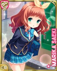  1girl :o bag black_socks blue_bow blue_bowtie blue_skirt bow bowtie card_(medium) character_name day girlfriend_(kari) green_eyes hair_bow holding holding_bag indoors jacket looking_at_viewer messy_hair official_art open_mouth plaid_clothes plaid_skirt pleated_skirt qp:flapper red_hair saeki_marika school_uniform shirt shoes skirt socks solo standing white_shirt white_shoes yellow_bow 