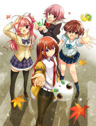  4girls :d ;d antenna_hair arm_belt autumn_leaves belt belt_buckle black_dress black_jacket black_shorts black_thighhighs blazer blue_bow blue_socks blue_trim bow bowtie braid breast_pocket breasts brown_hair brown_jacket brown_shoes buckle chaos;child chaos;head chest_bow chocura chuo_tanegashima_high_school_uniform closed_mouth commentary_request cropped_jacket crosswalk dress dress_shirt feet_out_of_frame from_above full_body gero-froggy half_up_braid hekiho_academy_school_uniform in-franchise_crossover jacket jacket_partially_removed kidou_battle_gunvarrel kneehighs leaf leather_shorts loafers long_hair long_sleeves looking_at_viewer makise_kurisu medium_breasts miniskirt multiple_girls necktie one_eye_closed onoe_serika open_mouth pantyhose pantyhose_under_shorts petticoat phinx_(robotics;notes) pink_eyes pink_hair pleated_skirt pocket purple_bow purple_bowtie purple_trim reaching reaching_towards_viewer red_hair red_necktie robotics;notes sailor_collar sakihata_rimi school_uniform science_adventure senomiya_akiho shirt shirt_tucked_in shoes short_shorts short_sleeves shorts skirt small_breasts smile socks steins;gate summer_uniform thigh-highs tongue upa_(steins;gate) very_long_hair violet_eyes white_belt white_sailor_collar winter_uniform 