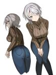  1girl back bangs blue_eyes blush breasts denim highres jeans large_breasts limbus_company long_sleeves looking_at_viewer mu46016419 own_hands_together pants project_moon short_hair simple_background sweater turtleneck turtleneck_sweater v_arms white_hair 