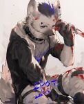  1boy arknights blood blood_on_face cowboy_shot dog_tags fingerless_gloves fur furry gloves highres hyena_boy hyena_ears hyena_tail infection_monitor_(arknights) jacket knife male_focus oripathy_lesion_(arknights) p7ywirzyw8lesuc sitting smile solo spot_(arknights) 