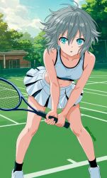  1girl absurdres ahoge bent_forward black_socks blue_eyes blue_sky clouds crop_top date_a_live fence full_body grey_hair hair_between_eyes highres holding holding_racket honjou_nia legs_apart looking_at_viewer mangaka messy_hair midriff miniskirt natsukidrawing navel open_mouth outdoors pleated_skirt racket shoes short_hair skirt sky sleeveless sneakers socks solo sportswear standing tank_top tennis tennis_court tennis_racket tree two-handed_grip white_skirt 