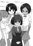  black_hair blush bob_cut breasts brown_eyes commentary glasses headpat highres huge_breasts monochrome sweat sweating_profusely translated zurikishi 