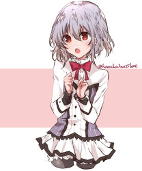  1boy :o asuka_minato bloomers blue_hair blush bow bowtie braid center_frills commentary_request cowboy_shot cropped_legs crossdressing crossdressing_(mtf) frilled_shirt frills hands_up haruka3no25love long_sleeves looking_at_viewer male_focus medium_hair miniskirt open_mouth otome_domain pleated_skirt red_bow red_bowtie red_eyes school_uniform shirt simple_background single_braid skirt solo trap twitter_username white_background white_bloomers white_shirt white_skirt 