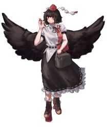  1girl absurdres arm_up belt bird_girl bird_wings black_belt black_hair black_ribbon black_skirt black_socks black_trim book brown_shirt brown_shoes closed_mouth commentary english_commentary floating_clothes floating_hair floating_hat frilled_skirt frills geta hat highres holding holding_book holding_pen light_smile long_skirt neck_ribbon pen pom_pom_(clothes) puffy_short_sleeves puffy_sleeves red_eyes red_hat ribbon ribbon-trimmed_skirt ribbon_trim shameimaru_aya shirt shoes short_hair short_sleeves simple_background single_vertical_stripe skirt skylan_s socks solo swept_bangs tengu-geta tokin_hat touhou walking white_background white_ribbon white_shirt wings 