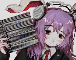  1girl absurdres album_cover animal_ears black_jacket blazer blush closed_mouth collared_shirt commentary_request cover fffkorobka headphones highres holding holding_disc jacket listening_to_music long_hair long_sleeves looking_at_viewer merzbow necktie portrait purple_hair rabbit_ears rabbit_girl red_eyes red_necktie reisen_udongein_inaba shirt simple_background solo sweat touhou white_background white_shirt 