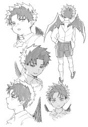  5boys aged_down alternate_costume alternate_universe ascot back_cutout backlighting bat_wings child clothing_cutout collared_shirt commentary_request expressionless facing_away fang from_behind full_body greyscale hand_on_own_hip heart6_6station highres kagurabachi kneehighs lineart looking_ahead looking_at_viewer looking_to_the_side monochrome multiple_boys multiple_views open_mouth pointy_ears portrait profile rokuhira_chihiro shirt shoes sidelighting simple_background smile socks standing vampire white_background wings 