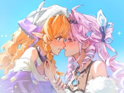  2girls aqua_eyes bandana bare_shoulders black_bow blue_background blush bow chinese_commentary commentary_request denia_(wuthering_waves) eye_contact from_side hair_bow hand_on_another's_arm hand_on_another's_chest highres imminent_kiss iyky looking_at_another multiple_girls off-shoulder_shirt off_shoulder open_mouth orange_hair pink_eyes pink_hair pointy_ears profile purple_shirt shirt sigrika_(wuthering_waves) simple_background upper_body white_background white_bandana wuthering_waves yuri 