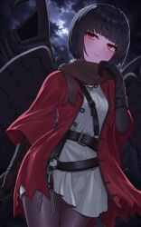  1girl arm_guards belt black_gloves black_hair black_wings brown_eyes brown_pantyhose cloak clouds cloudy_sky commentary_request elin_(game) feathered_wings gloves highres hood hood_up hooded_cloak jacket lockpick long_sleeves night open_clothes open_jacket pantyhose red_eyes red_jacket ruwanchi shirt short_hair sky smile solo_focus white_shirt wings 
