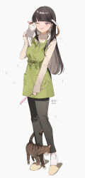  1girl absurdres animal animal_on_shoulder apron arm_at_side black_hair black_pants brown_slippers cat cat_teaser colored_inner_hair commentary_request full_body green_apron grey_eyes hand_up happy highres holding holding_cat_teaser long_hair long_sleeves multicolored_hair one_eye_closed original pants pet ribbed_sweater seto_jiro signature simple_background sleeves_past_wrists slippers socks solo sparkle standing straight_hair sweater turtleneck turtleneck_sweater twitter_username white_background white_socks white_sweater 