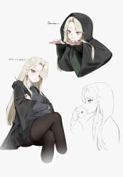  1girl absurdres black_cloak black_skirt blonde_hair brown_pantyhose cloak commentary crossed_legs diagonal-striped_clothes diagonal-striped_necktie eevyart english_text genderswap genderswap_(mtf) green_necktie grey_background grey_eyes grey_sweater_vest harry_potter_(series) highres hogwarts_school_uniform holding holding_wand hood hooded_cloak long_hair looking_at_viewer malfoid multiple_views necktie pantyhose school_uniform simple_background sitting skirt slytherin striped_clothes striped_necktie sweater_vest wand wizarding_world 