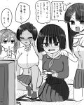  4girls black_hair bob_cut breasts brown_eyes commentary controller game_controller glasses highres huge_breasts juice_box monochrome multiple_girls school_uniform sweat television translated zurikishi 