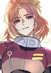  1girl absurdres blonde_hair blue_eyes closed_mouth commentary_request gundam gundam_unicorn highres light_smile long_hair looking_at_viewer marida_cruz mecha_pilot_suit normal_suit_(gundam) sidechest_atm solo spacesuit translation_request upper_body white_background 