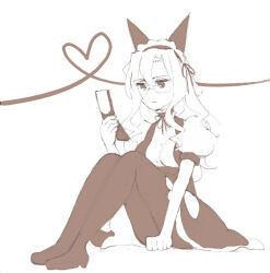 1girl alternate_breast_size_(smaller) animal_ears black_dress black_pantyhose boots breasts cellphone commentary_request dress enmaided fake_animal_ears flip_phone full_body glasses heart holding holding_phone kiryuu_moeka long_hair maid maid_headdress mayqueen_maid_uniform mimi_bluesky monochrome pantyhose phone puffy_short_sleeves puffy_sleeves science_adventure shirt short_sleeves small_breasts solo steins;gate very_long_hair white_shirt 