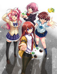  4girls :d ;d antenna_hair arm_belt belt belt_buckle black_dress black_jacket black_shorts black_thighhighs blazer blue_bow blue_socks blue_trim bow bowtie braid breast_pocket breasts brown_hair brown_jacket brown_sshoes buckle chaos;child chaos;head chest_bow chocura chuo_tanegashima_high_school_uniform closed_mouth commentary_request cropped_jacket crosswalk dress dress_shirt feet_out_of_frame from_above full_body gero-froggy half_up_braid hekiho_academy_school_uniform in-franchise_crossover jacket jacket_partially_removed kidou_battle_gunvarrel kneehighs leather_shorts loafers long_hair long_sleeves looking_at_viewer makise_kurisu medium_breasts miniskirt multiple_girls necktie one_eye_closed onoe_serika open_mouth pantyhose pantyhose_under_shorts petticoat phinx_(robotics;notes) pink_eyes pink_hair pleated_skirt pocket purple_bow purple_bowtie purple_trim reaching reaching_towards_viewer red_hair red_necktie robotics;notes sailor_collar sakihata_rimi school_uniform science_adventure senomiya_akiho shirt shirt_tucked_in shoes short_shorts short_sleeves shorts skirt small_breasts smile socks steins;gate summer_uniform thigh-highs tongue upa_(steins;gate) very_long_hair violet_eyes white_belt white_sailor_collar winter_uniform 