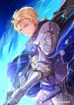  1boy alternate_hairstyle armor bangs blonde_hair blue_cape blue_eyes cape chachie chainmail cowboy_shot dimitri_alexandre_blaiddyd elbow_pads fire_emblem fire_emblem:_three_houses fire_emblem_warriors:_three_hopes fur_collar gauntlets highres holding holding_weapon looking_at_viewer low_ponytail male_focus medium_hair metal_gloves official_alternate_costume parted_bangs pauldrons plate_armor short_ponytail shoulder_armor sky solo star_(sky) starry_sky twitter_username weapon 