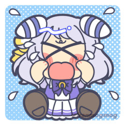  >_< 1girl animal_ears blue_background chibi commentary_request crying dotted_background full_body grey_hair hatsune_(pumpkin_pie) hishi_miracle_(umamusume) horse_ears horse_girl on_floor school_uniform solo tears tracen_school_uniform umamusume 