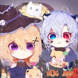  1boy 1girl @_@ ahoge alternate_costume alternate_hairstyle animal animal_ears asymmetrical_bangs asymmetrical_eyes asymmetrical_hair bandages bare_shoulders bat black_eyes black_hat black_shirt blonde_hair blood blue_eyes blue_shirt blush blush_stickers bone bone_hair_ornament border candle cat_boy cat_ears cat_tail chains choker closed_eyes commentary copyright_name creature cross cross-shaped_pupils cross_necklace derivative_work dot_nose double-parted_bangs extra_eyes eyelashes facial_mark fang fire frilled_choker frilled_hat frills full_moon ghost green_skin grey_border ha_chii_(idk3.006) hair_between_eyes hair_ornament halloween hashtag-only_commentary hat heart heart_facial_mark heart_hair_ornament heterochromia highres holding holding_creature horns jewelry lil_cheese long_sleeves looking_at_another mark_under_eye medium_hair melting moon necklace night no_mouth noc_(app) noc_app_icon_(female) noc_app_icon_(male) notice_lines off_shoulder open_mouth outdoors paperclip parallel_hairclips parted_bangs patchwork_skin ponytail pumpkin purple_eyes purple_ribbon raised_inner_eyebrows red_eyes ribbon short_hair skin_fang skull sky sleeveless_shirt smile solid_oval_eyes spider spider_web stitched_eye stitched_face stitches symbol-only_commentary symbol-shaped_pupils turtleneck turtleneck_shirt undershirt white_choker white_eyes white_hat witch_hat wolf_cut x_hair_ornament yellow_skin zombie 