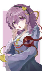  1girl absurdres black_hairband blue_shirt buttons chinese_commentary collared_shirt commentary_request disembodied_linked_eye eyeball frilled_shirt_collar frilled_sleeves frills hair_ornament hairband heart heart_button heart_hair_ornament highres komeiji_satori long_sleeves looking_at_viewer open_mouth outside_border pink_eyes pink_hair ribbon-trimmed_collar ribbon_trim shanchui shirt smile solo touhou wide_sleeves 