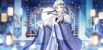  1boy afterl!fe androgynous instrument instrument_request japanese_clothes kimono long_hair looking_at_viewer male_focus mole mole_under_eye moon night night_sky nine_(afterl!fe) official_art open_mouth ponytail second-party_source sky smile solo violet_eyes white_hair 