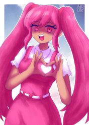  1girl blush commentary_request dark-skinned_female dark_skin double-parted_bangs dress english_commentary four-finger_heart_hands hair_between_eyes heart heart_hands highres long_hair looking_at_viewer nrdeluxe omori perfectheart_(omori) pink_dress pink_eyes pink_hair short_sleeves sidelocks smile solo teeth tongue twintails upper_teeth_only 