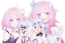  2boys 2girls @_@ absurdres animal_ears antenna_hair bare_shoulders black_boots black_jacket black_shorts blue_eyes blue_flower blue_gem blue_ribbon blue_rose blush boots bow bowtie breasts commentary crossdressing crossdressing_(mtf) cyrene_(demiurge)_(honkai:_star_rail) cyrene_(honkai:_star_rail) cyrene_(philia093)_(honkai:_star_rail) detached_sleeves diamond-shaped_pupils diamond_(shape) dress dual_persona earrings eyelashes fingernails flower gem gold_necklace green_ribbon grey_hair hair_between_eyes hair_flower hair_ornament hair_ribbon hands_up highres holding honkai:_star_rail honkai_(series) jacket jewelry kemonomimi_mode large_breasts long_hair long_sleeves looking_at_viewer male_playboy_bunny medium_hair mini_person miniboy mobius_strip multicolored_hair multicolored_ribbon multiple_boys multiple_girls nail_polish necklace open_clothes open_jacket open_mouth pendant phainon_(honkai:_star_rail) pink_hair pink_nails pink_pupils pink_ribbon planet_earrings pointy_ears rabbit_boy rabbit_ears red_bow red_bowtie reverse_bunnysuit reverse_outfit ribbon rose short_hair short_sleeves shorts sia_637 sidelocks single_earring sleeveless sleeveless_dress smile streaked_hair symbol-shaped_pupils tearing_up teeth untranslatable_commentary upper_body very_long_hair violet_eyes white_dress white_flower white_hair white_ribbon white_rose white_sleeves wide_sleeves 