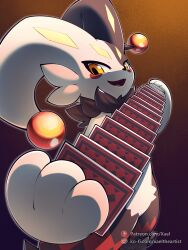  absurdres artist_name black_fur brown_eyes card dupin_(palworld) highres ko-fi_logo ko-fi_username looking_at_viewer multicolored_fur open_mouth pal_(creature) palworld patreon_logo patreon_username playing_card solo web_address white_fur xaeltheartist 