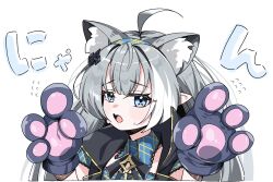 1girl animal_ear_fluff animal_ears animal_hands black_vest blue_dress blue_eyes blue_hairband cat_ears cowlick dress female_tyrant_(stella_sora) flying_sweatdrops gloves grey_hair hair_ornament hairband highres open_mouth paw_gloves pointy_ears sim_(sim_dr1) stella_sora tyrant_(stella_sora) upper_body vest white_background 