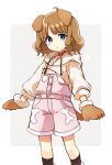  1girl ahoge animal_ears bangs black_socks blue_eyes blunt_bangs bone_print border brown_hair buttons character_request copyright_request denim dog_ears dog_girl dog_tail dot_mouth dot_nose grey_background highres hood hood_down hoodie light_blush long_sleeves looking_at_viewer outside_border overalls paw_print pink_overalls single_strap socks solo standing tail toro_(shiro) white_border white_hoodie 