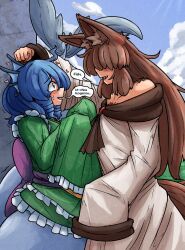  2girls absurdres against_wall ahoge animal_ear_fluff animal_ears black_trim blue_eyes blue_hair blue_sky blush brooch brown_hair chest_hair clenched_hand clouds commentary dress drill_hair drill_sidelocks english_commentary english_text feet_out_of_frame fins flustered frilled_kimono frills green_kimono hair_over_eyes head_fins heart highres imaizumi_kagerou japanese_clothes jewelry kabedon kimono layered_kimono long_bangs long_hair long_sleeves mcsquiddies medium_hair merfolk mermaid monster_girl multiple_girls obi open_mouth outdoors purple_sash raised_inner_eyebrows red_dress rock sash sharp_teeth sidelocks sky sleeves_past_fingers sleeves_past_wrists smile speech_bubble sweatdrop tail teeth touhou two-tone_dress wakasagihime white_dress wide_sleeves wolf_ears wolf_girl wolf_tail yuri 