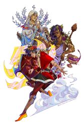  1girl 2boys alcohol black_hair blue_lips blush cape champagne_flute cup dark-skinned_male dark_skin demeter_(hades) dionysus_(hades) drinking_glass eriochromatic green_eyes grey_hair hades_(series) hades_1 highres holding holding_cup holding_staff laurel_crown multiple_boys purple_hair shield simple_background sparse_stubble staff white_background wine zagreus_(hades) 