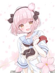  1girl absurdres armband black_hairband blue_dress blue_sailor_collar blunt_bangs blush bud commentary_request dress flower hair_flower hair_ornament hairband highres looking_at_viewer magical_girl mahou_shoujo_ikusei_keikaku oekakitanoshina open_mouth pink_flower pink_hair red_armband sailor_collar school_uniform short_hair smile snow_white_(mahoiku) solo yellow_eyes 