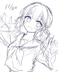  1girl :d blush breasts dated greyscale highres long_sleeves looking_at_viewer low_twintails medium_breasts monochrome neckerchief ootori_emu pnyo_emc project_sekai sailor_collar school_uniform serafuku shirt short_twintails simple_background sketch smile solo twintails white_background 