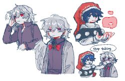  2girls :3 black_capelet black_dress blob blue_eyes blue_hair bow bowtie capelet closed_mouth doremy_sweet dream_soul dress english_text feathered_wings grey_hair grey_jacket grey_wings hat highres jacket kishin_sagume l_fzxxxx long_sleeves multiple_girls nightcap open_clothes open_jacket open_mouth pom_pom_(clothes) purple_dress red_bow red_bowtie red_eyes red_hat simple_background single_wing smile speech_bubble tail tapir_tail touhou two-tone_dress white_background white_dress wings 